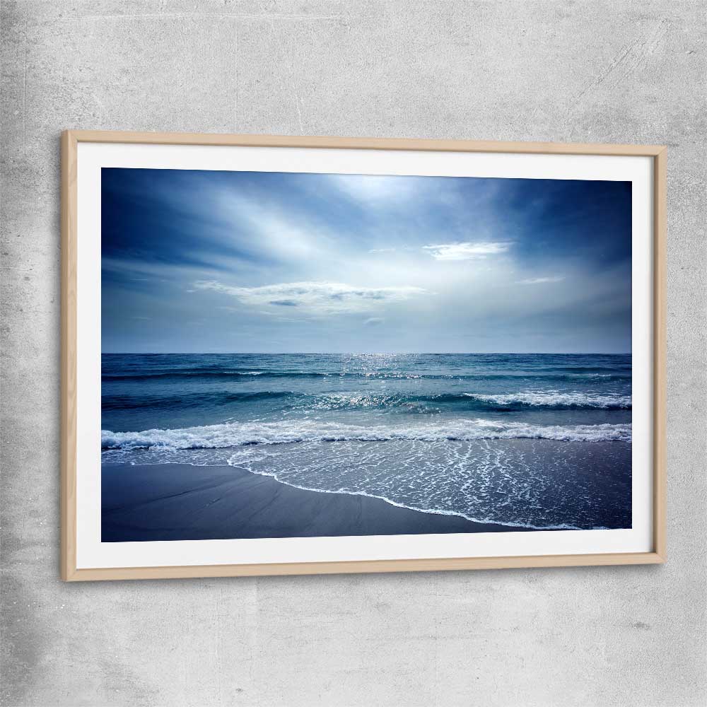 Beach and coastal wall art print of Beach Solitude with raw oak glass front frame