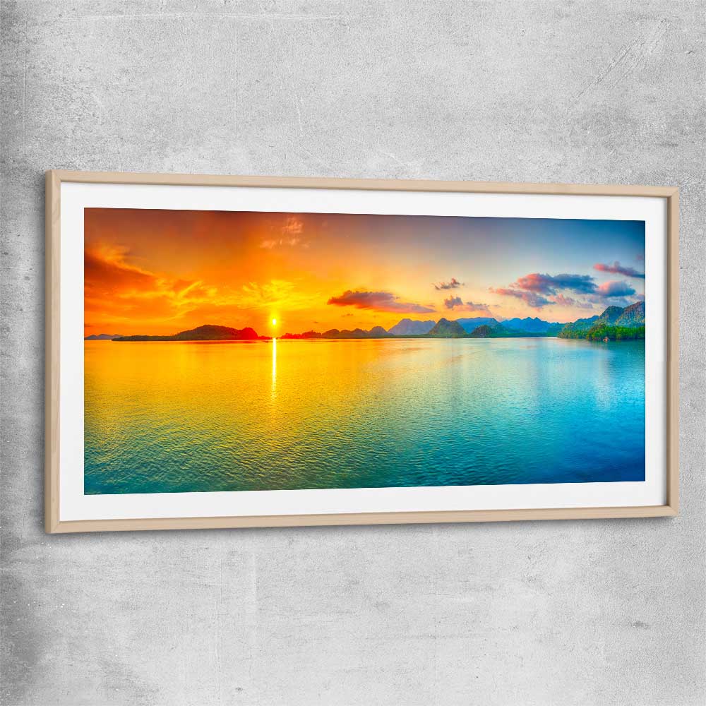 Beach and coastal wall art print of Beautiful Sunset with raw oak glass front frame