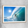 Beach and coastal wall art print of Blue Ocean Surfer with raw oak glass front frame