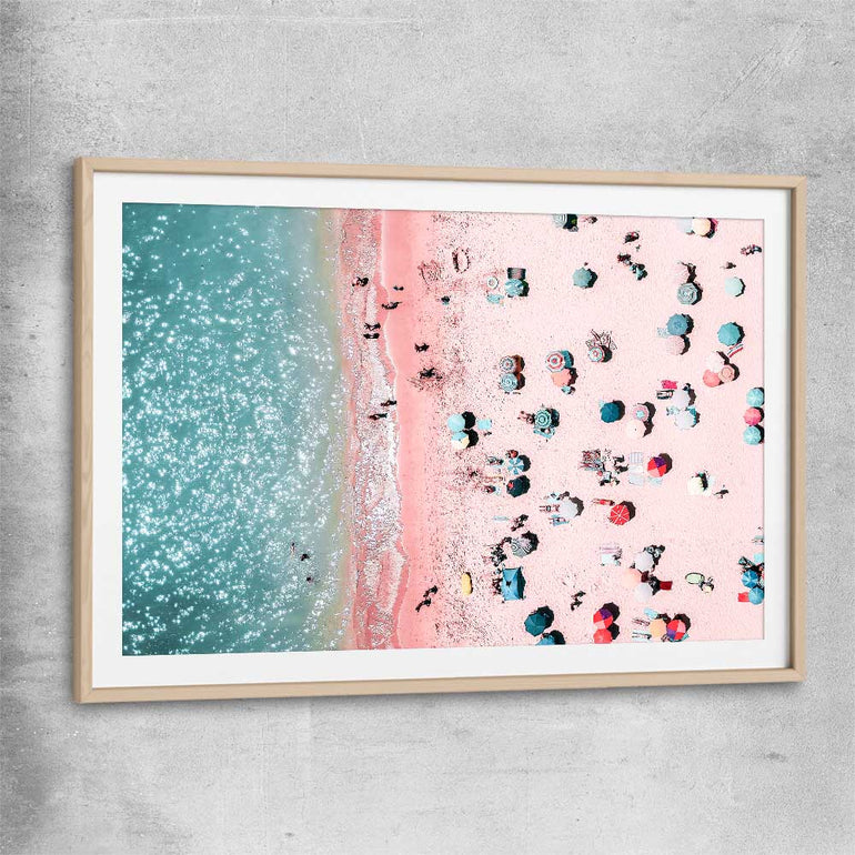 Beach and coastal wall art print of Bondi Pink Aerial with raw oak glass front frame