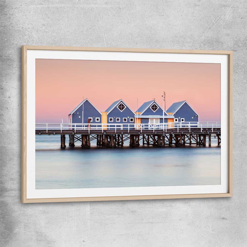 Beach and coastal wall art print of Busselton Jetty with raw oak glass front frame