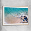 Beach and coastal wall art print of Byron Bay Rocks with raw oak glass front frame