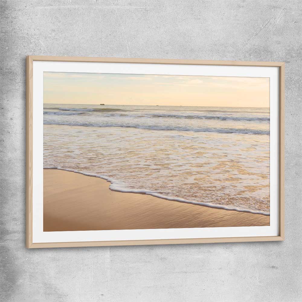 Beach and coastal wall art print of Calm Tides with raw oak glass front frame