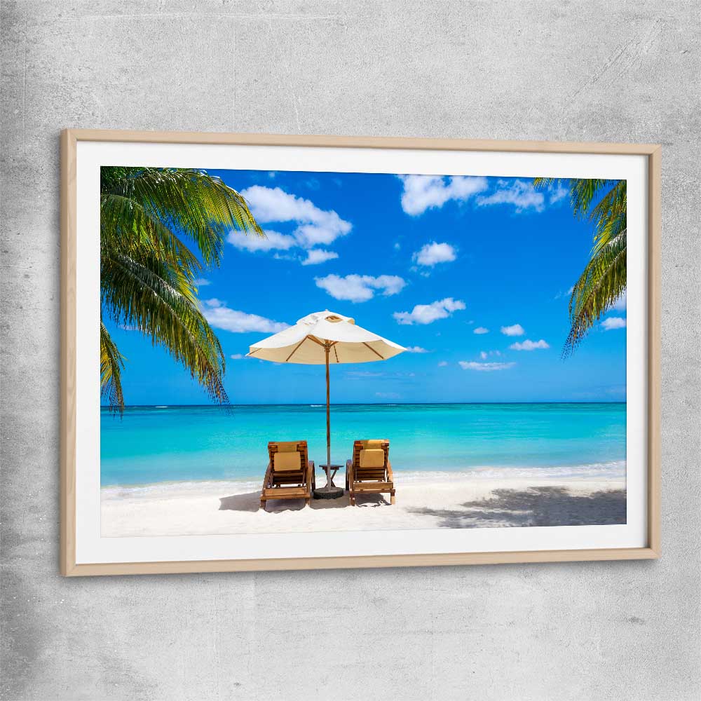 Beach and coastal wall art print of Coastal Retreat with raw oak glass front frame