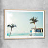 Beach and coastal wall art print of Combi Van Palms with raw oak glass front frame