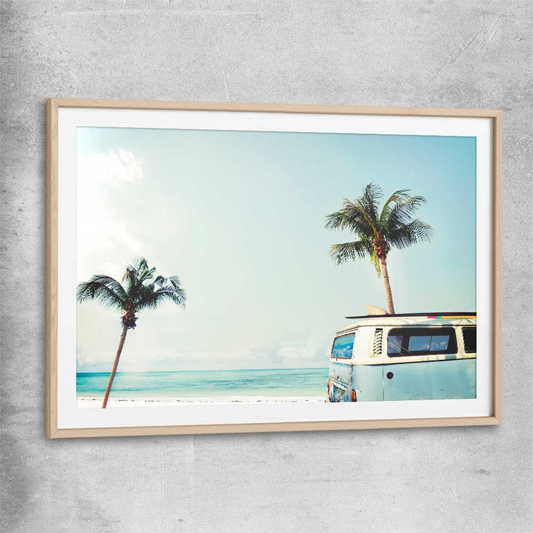 Beach and coastal wall art print of Combi Van Palms with raw oak glass front frame