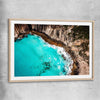 Beach and coastal wall art print of Crystal Clear Tides with raw oak glass front frame