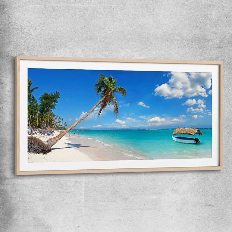 Beach and coastal wall art print of Dominican Republic Beach with raw oak glass front frame
