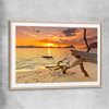 Beach and coastal wall art print of Driftwood at Sunset with raw oak glass front frame