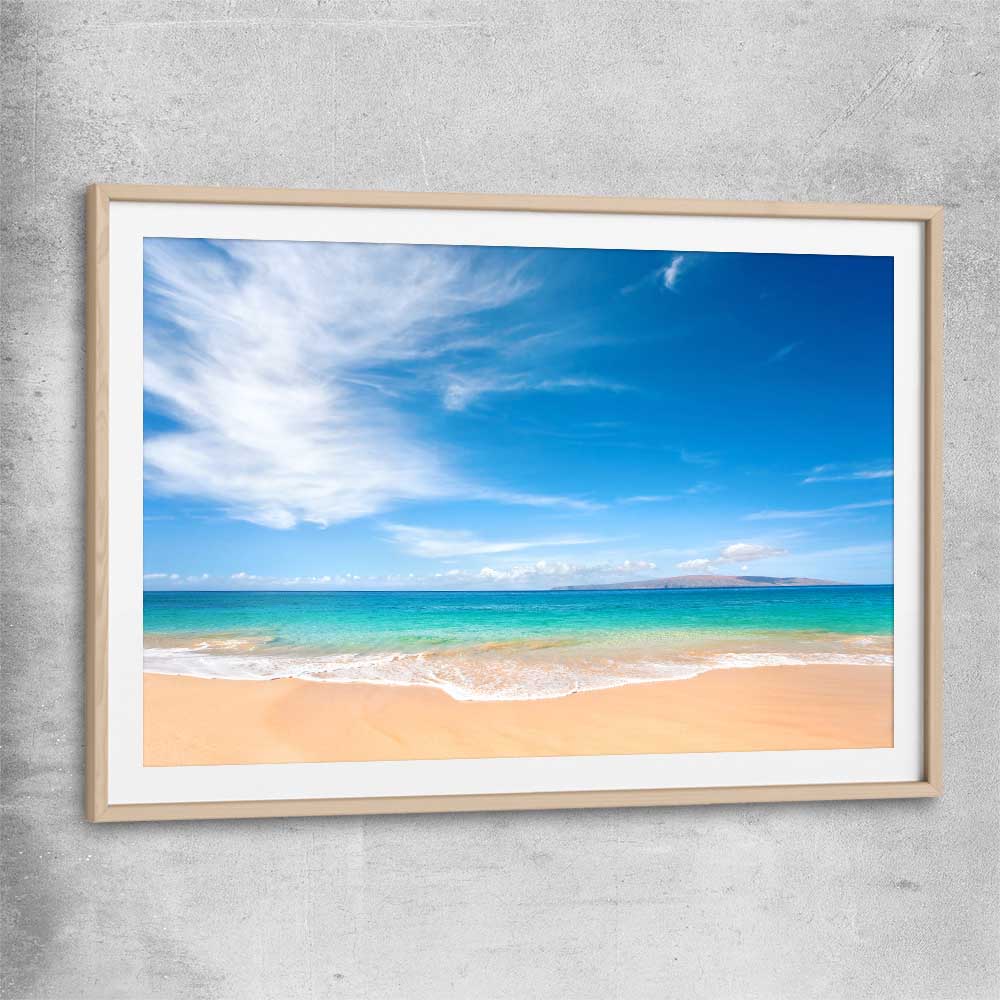 Beach and coastal wall art print of Endless Blue Horizon with raw oak glass front frame