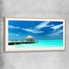 Beach and coastal wall art print of Exotic Beach Bar with raw oak glass front frame