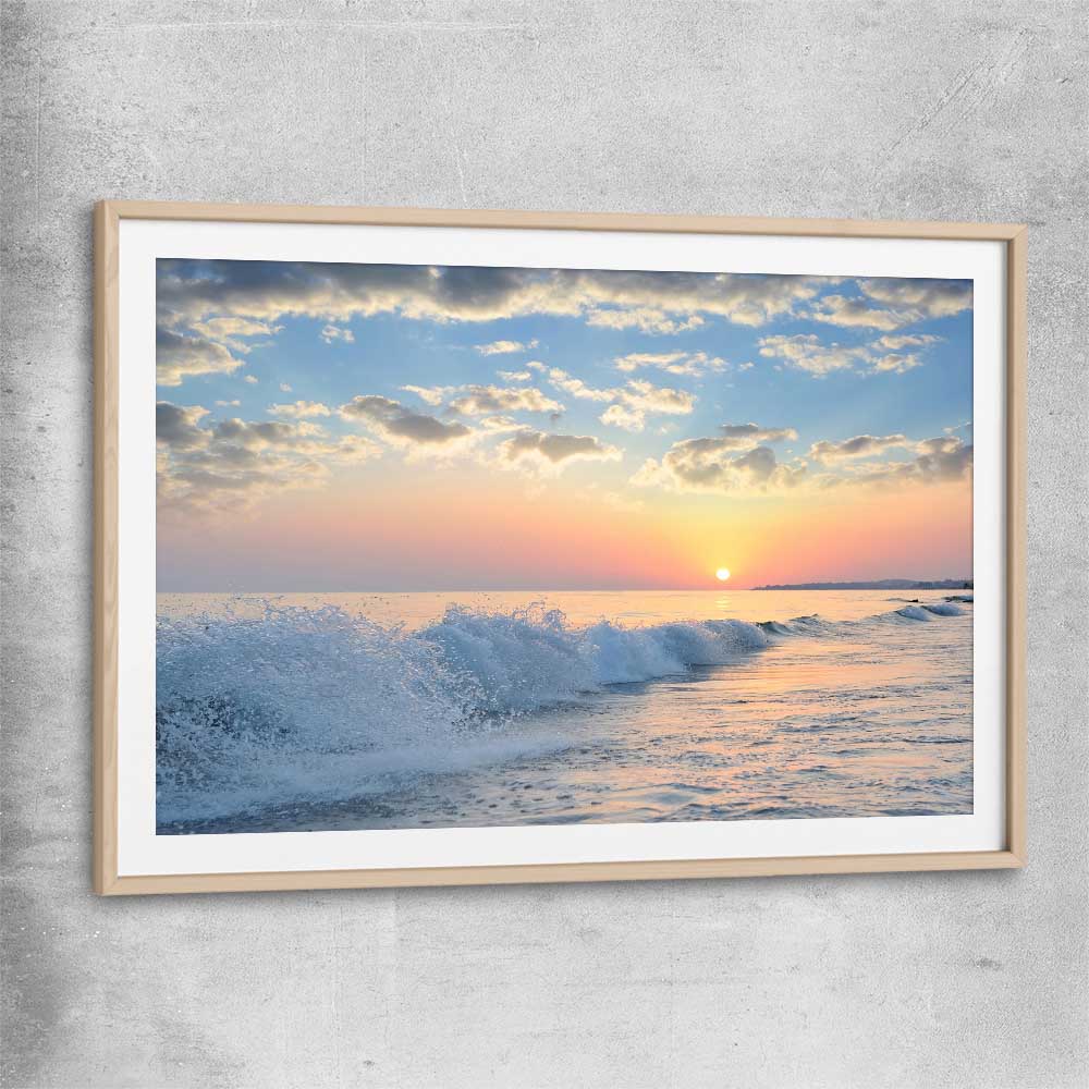 Beach and coastal wall art print of Gentle Tide at Dusk with raw oak glass front frame