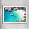 Beach and coastal wall art print of Hidden Beach with raw oak glass front frame