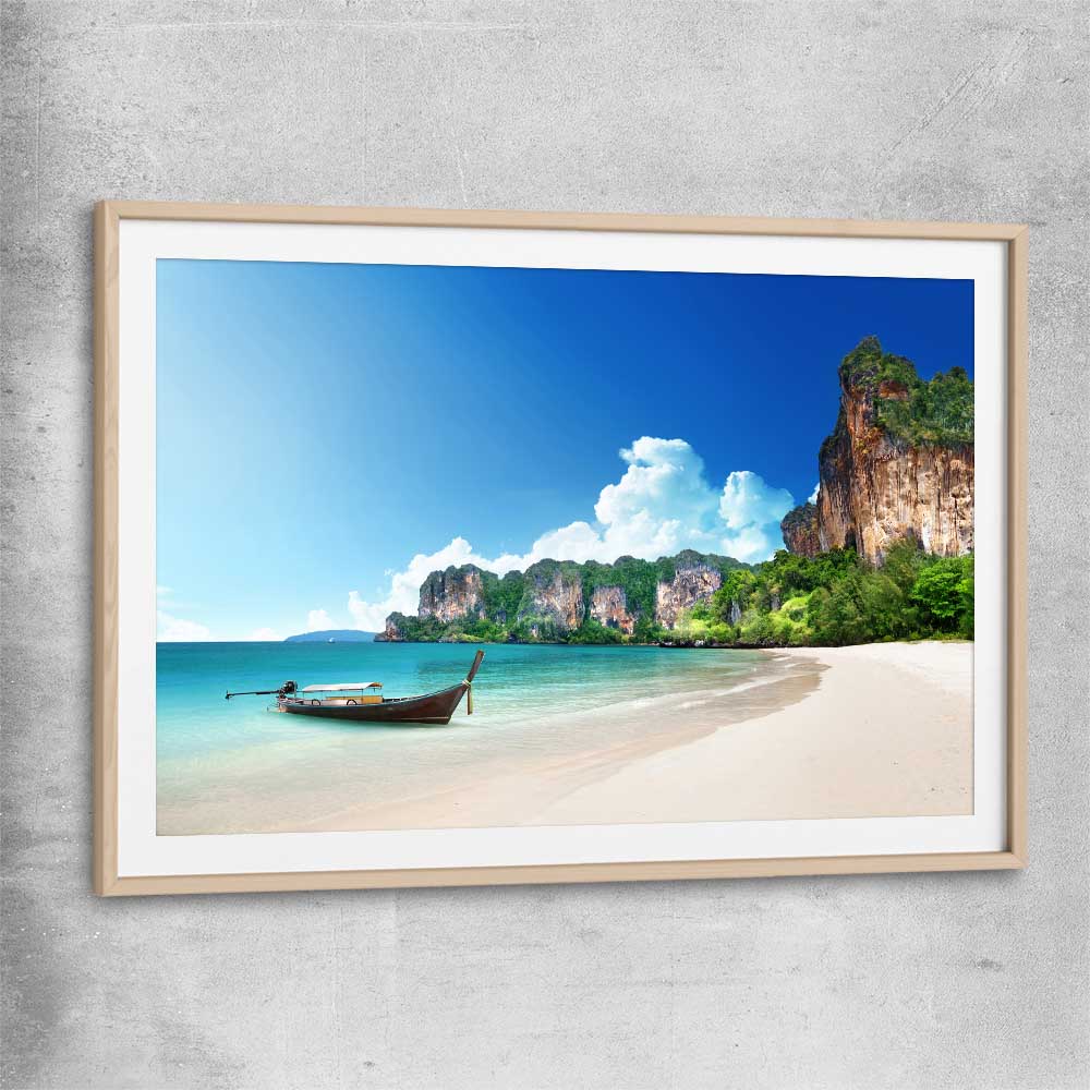 Beach and coastal wall art print of Hidden Lagoon Escape with raw oak glass front frame