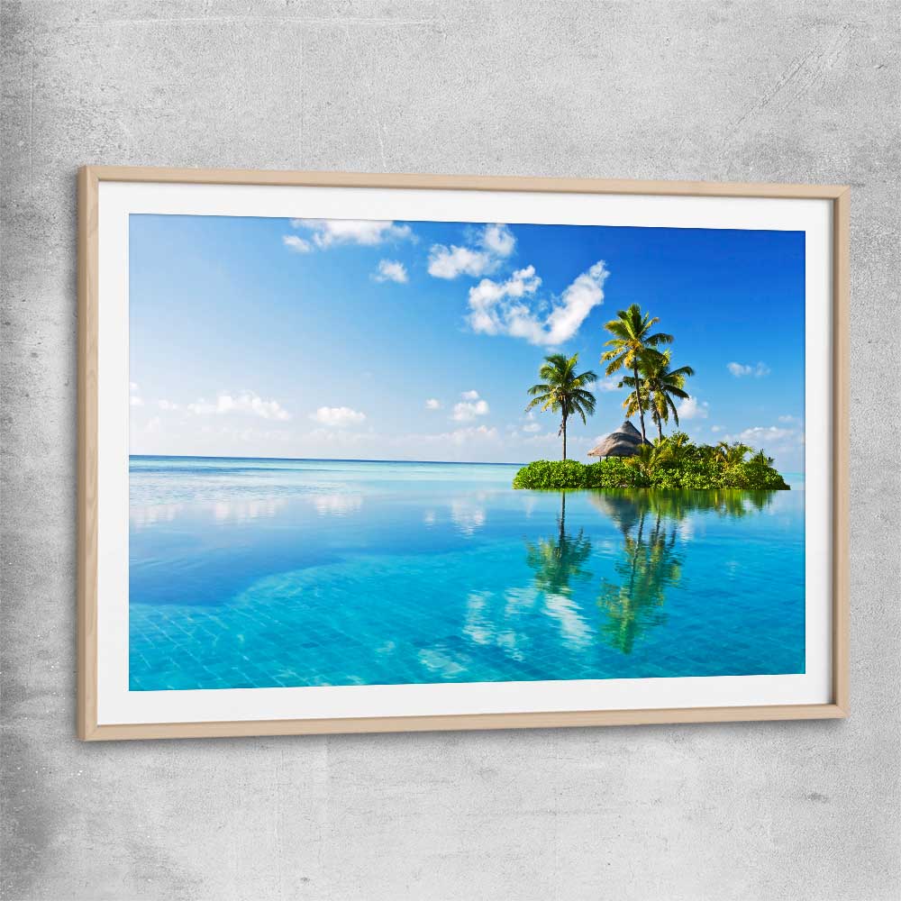 Beach and coastal wall art print of Island Serenity with raw oak glass front frame