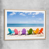 Beach and coastal wall art print of Pastel Chairs with raw oak glass front frame