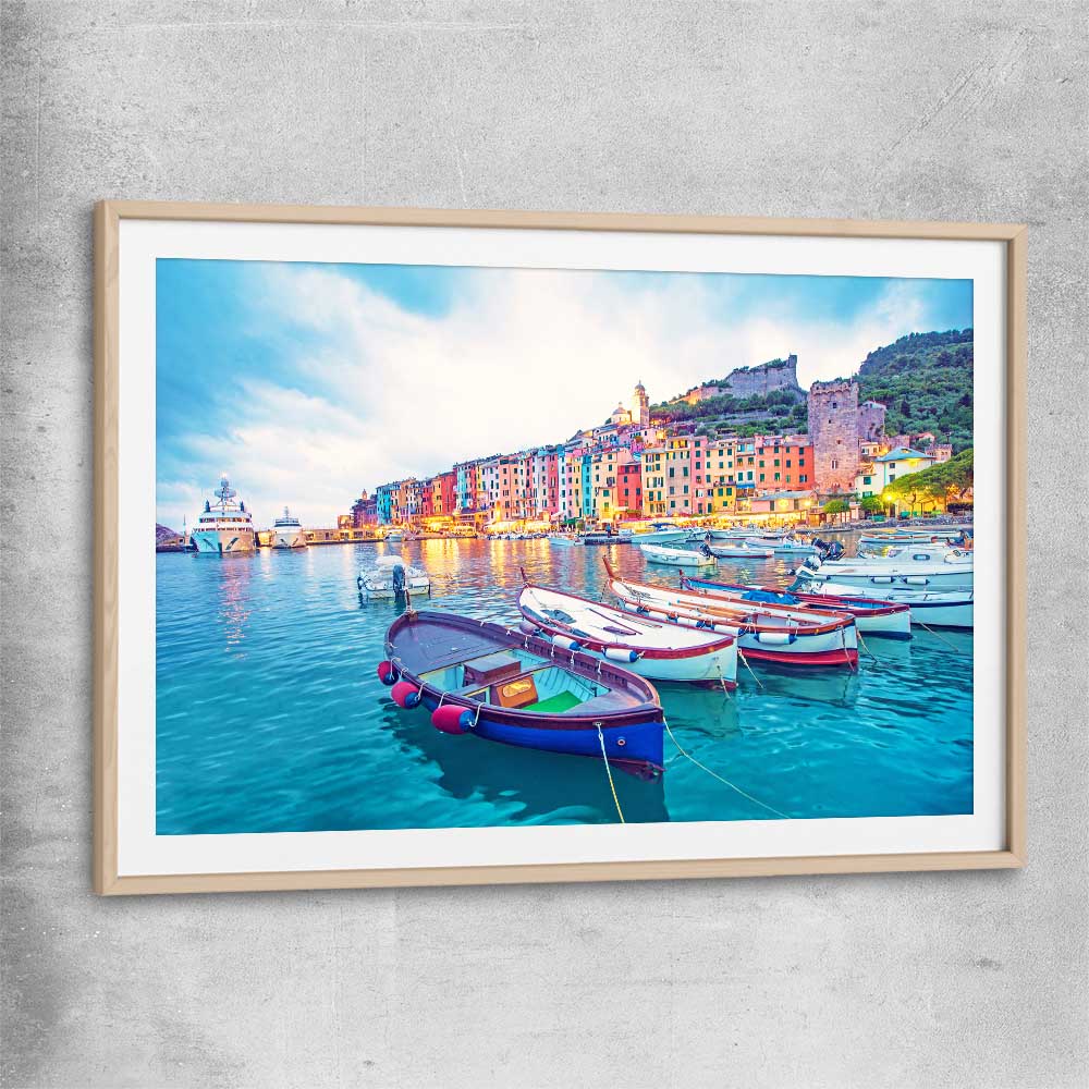 Beach and coastal wall art print of Porto Venere with raw oak glass front frame