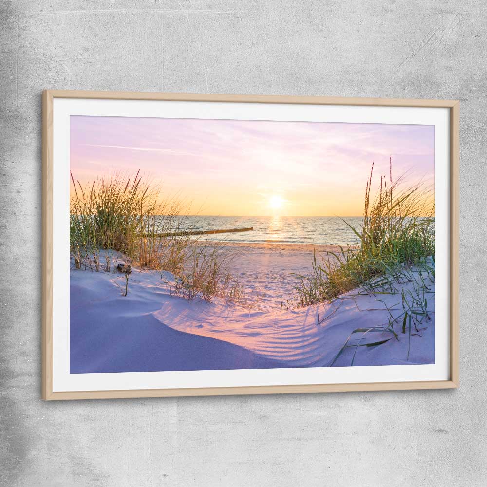 Beach and coastal wall art print of Pristine Beach Sunset with raw oak glass front frame