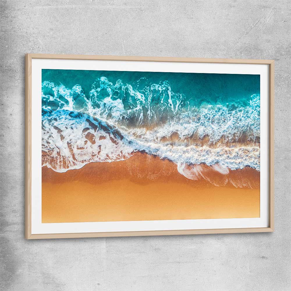 Beach and coastal wall art print of Sandy Waves with raw oak glass front frame