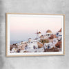 Beach and coastal wall art print of Santorini Sunrise with raw oak glass front frame