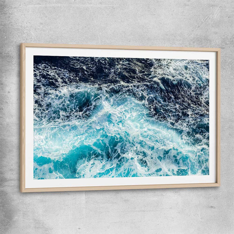 Beach and coastal wall art print of Sea Waves with raw oak glass front frame