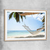 Beach and coastal wall art print of Seychelles Hammock with raw oak glass front frame