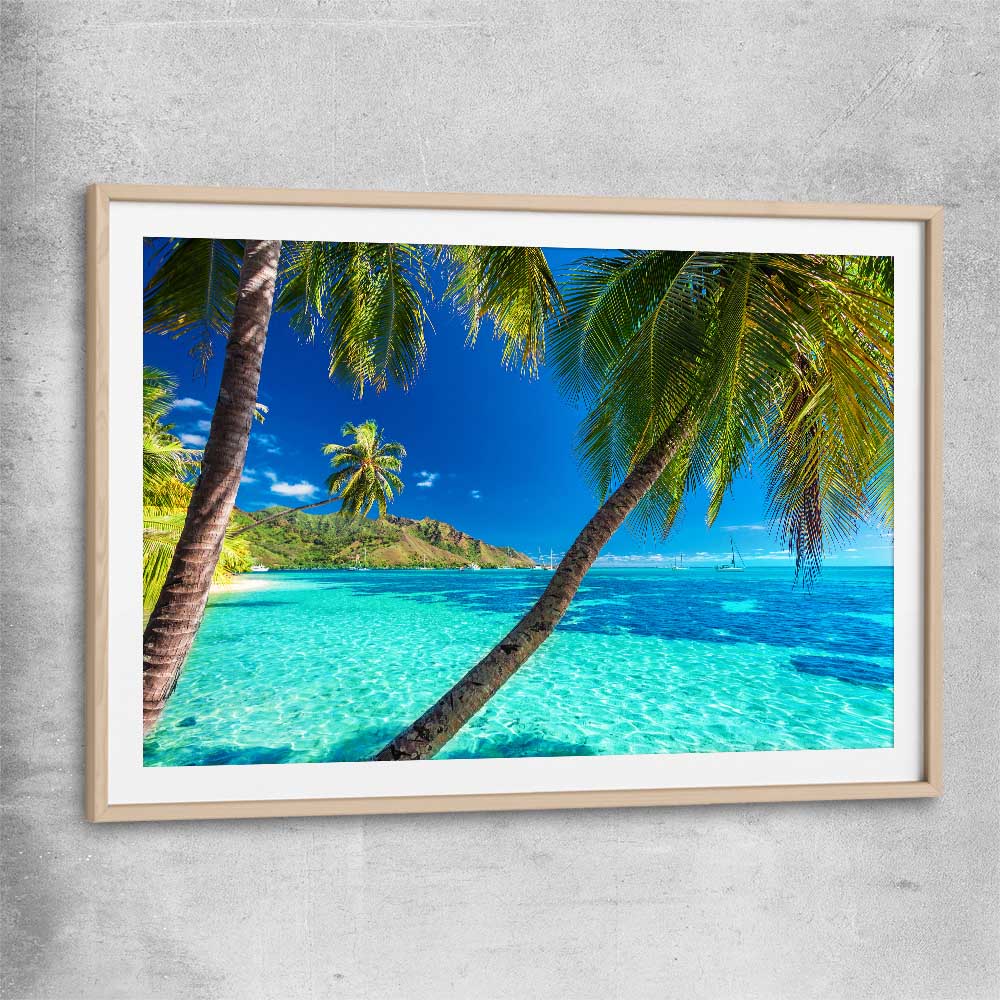 Beach and coastal wall art print of Tahiti Paradise with raw oak glass front frame