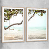Beach and coastal wall art print of Tropical Beach Pair with raw oak glass front frame