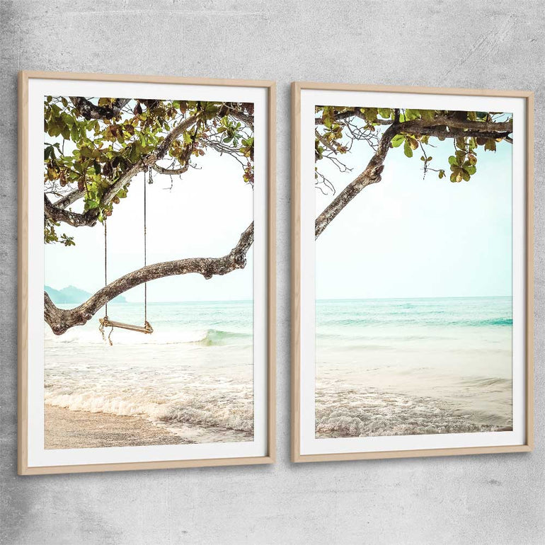 Beach and coastal wall art print of Tropical Beach Pair with raw oak glass front frame
