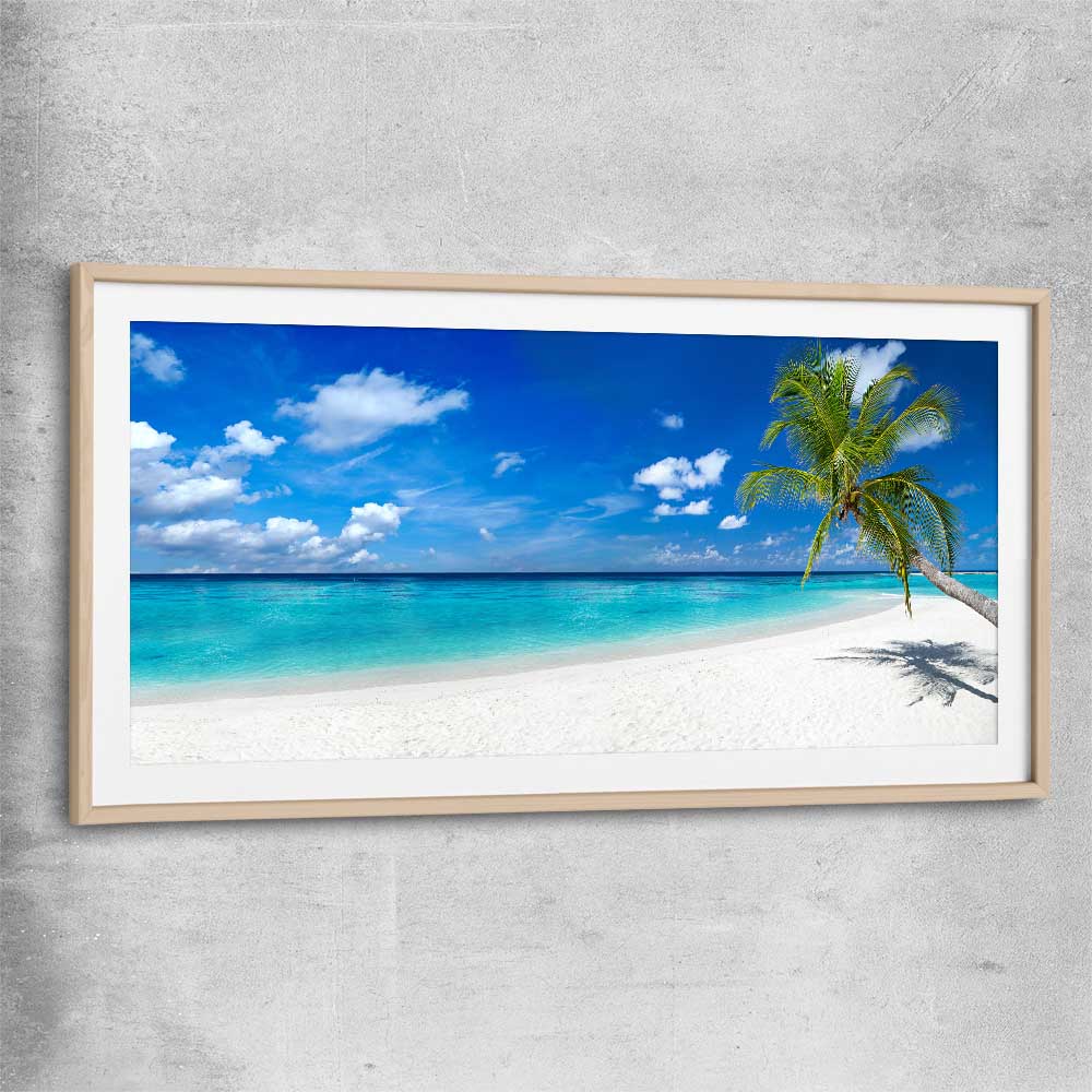 Beach and coastal wall art print of Tropical Escape with raw oak glass front frame