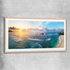 Beach and coastal wall art print of Tropical Surfers Beach with raw oak glass front frame
