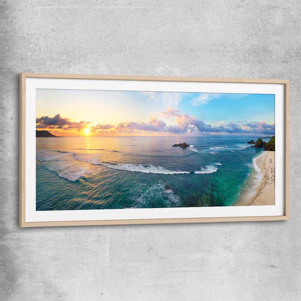 Beach and coastal wall art print of Tropical Surfers Beach with raw oak glass front frame