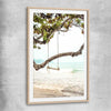 Beach and coastal wall art print of Tropical Swing with raw oak glass front frame