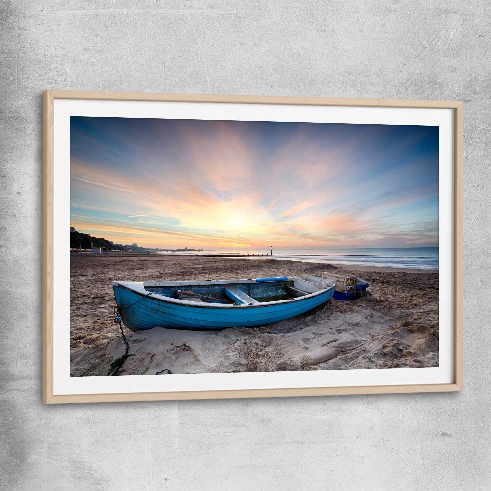 Beach and coastal wall art print of Vintage Fishing Boat with raw oak glass front frame