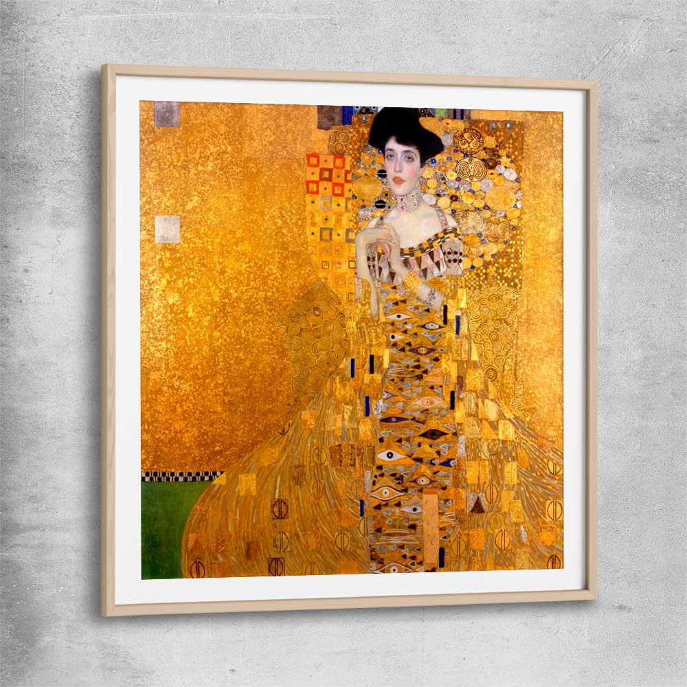 Classic wall art and canvas print of Adele Bloch-Bauer I Gustav Klimt with raw oak glass front frame