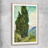 Classic wall art and canvas print of Cypresses Van Gogh with raw oak glass front frame