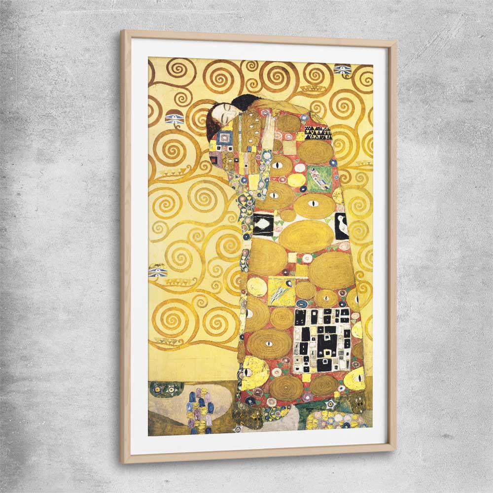 Classic wall art and canvas print of Fulfillment Gustav Klimt with raw oak glass front frame