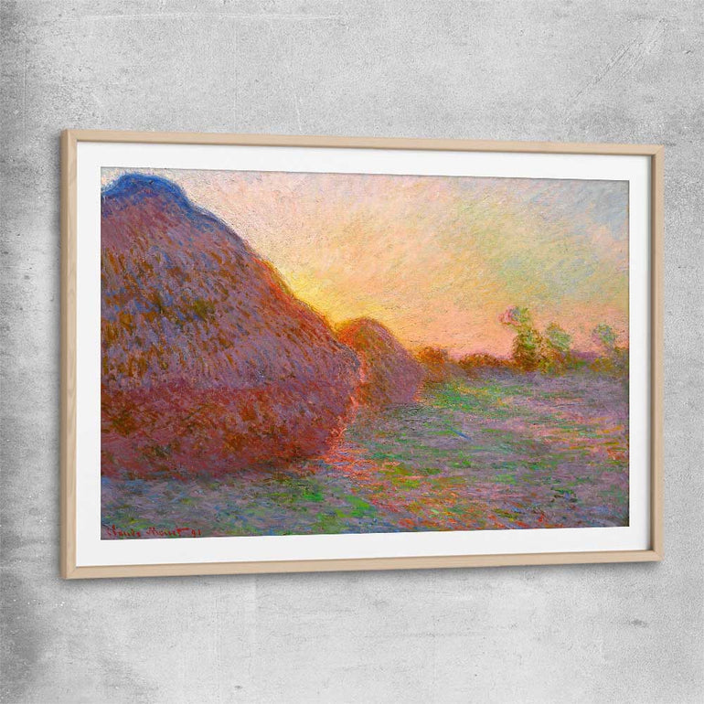 Classic wall art and canvas print of Haystacks Claude Monet with raw oak glass front frame
