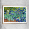 Classic wall art and canvas print of Irises Van Gogh with raw oak glass front frame