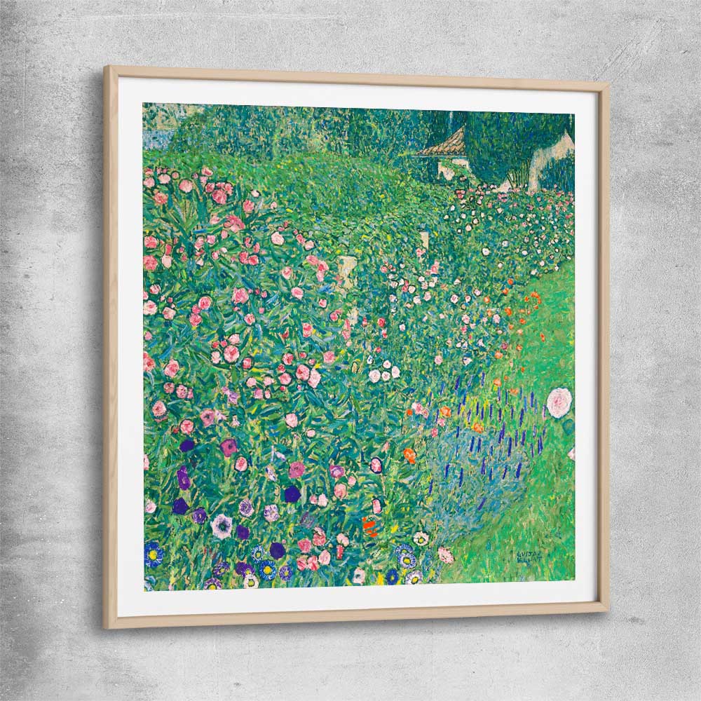 Classic wall art and canvas print of Italian Landscape Gustav Klimt with raw oak glass front frame