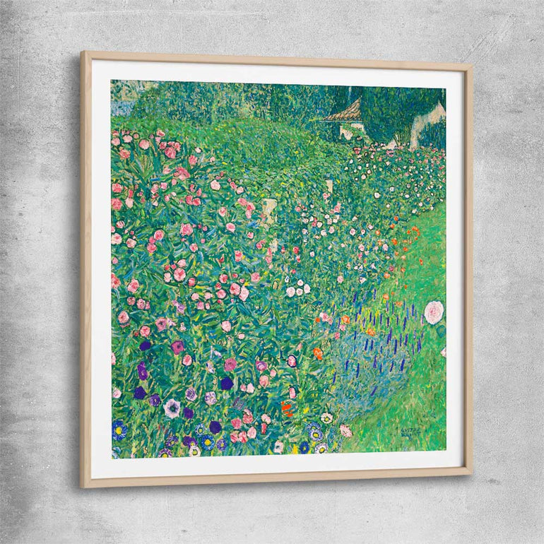 Classic wall art and canvas print of Italian Landscape Gustav Klimt with raw oak glass front frame
