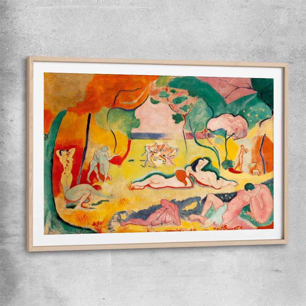 Classic wall art and canvas print of Joy of Life Henri Matisse with raw oak glass front frame