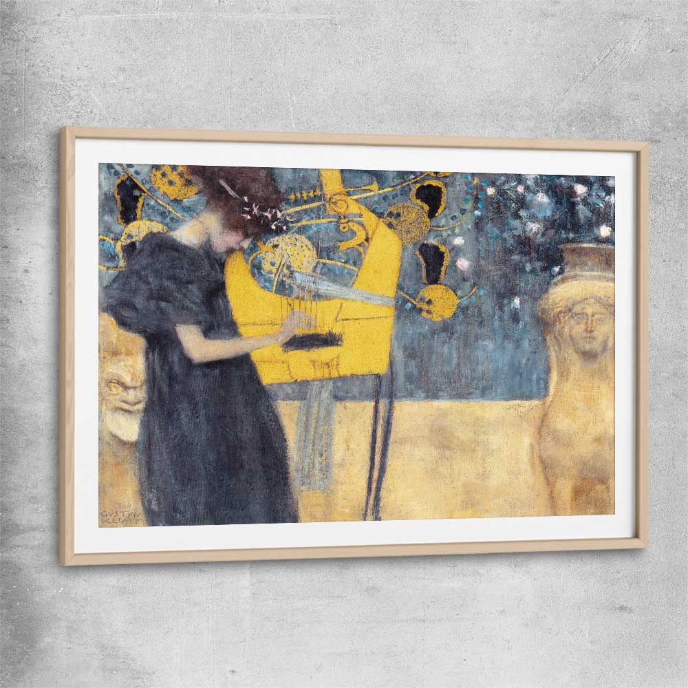 Classic wall art and canvas print of Music I Gustav Klimt with raw oak glass front frame