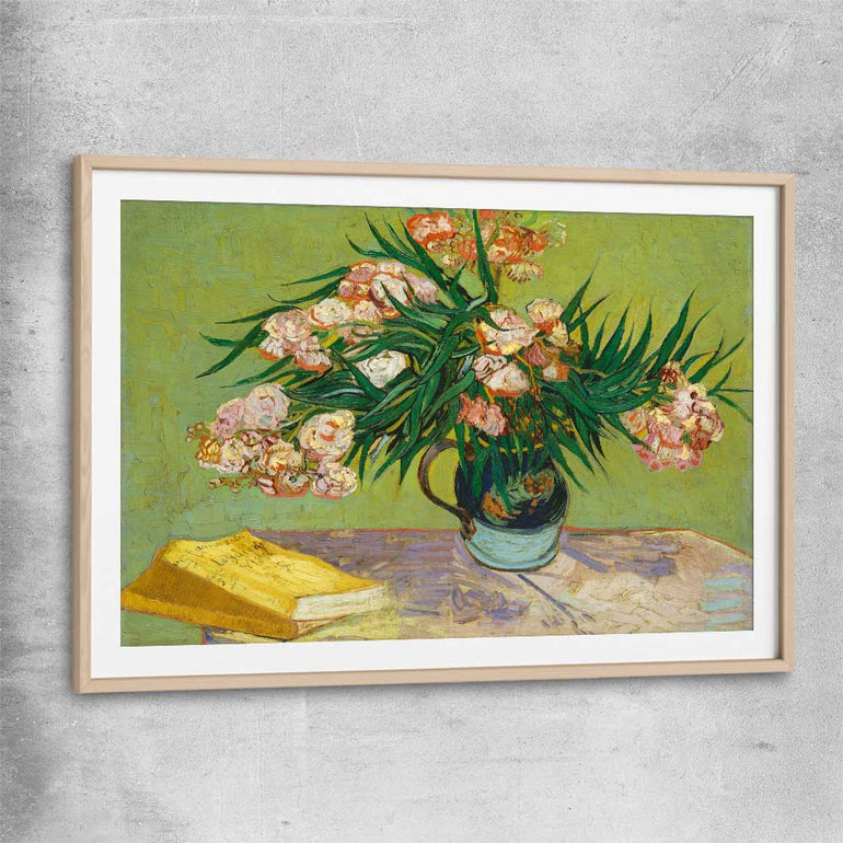 Classic wall art and canvas print of Oleanders Van Gogh with raw oak glass front frame