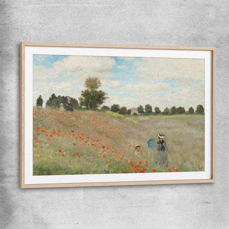 Classic wall art and canvas print of Poppy Field Claude Monet with raw oak glass front frame