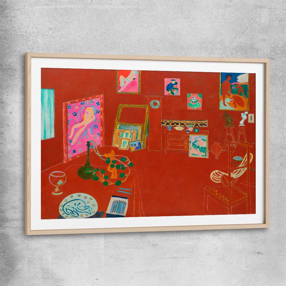 Classic wall art and canvas print of Red Studio Henri Matisse with raw oak glass front frame