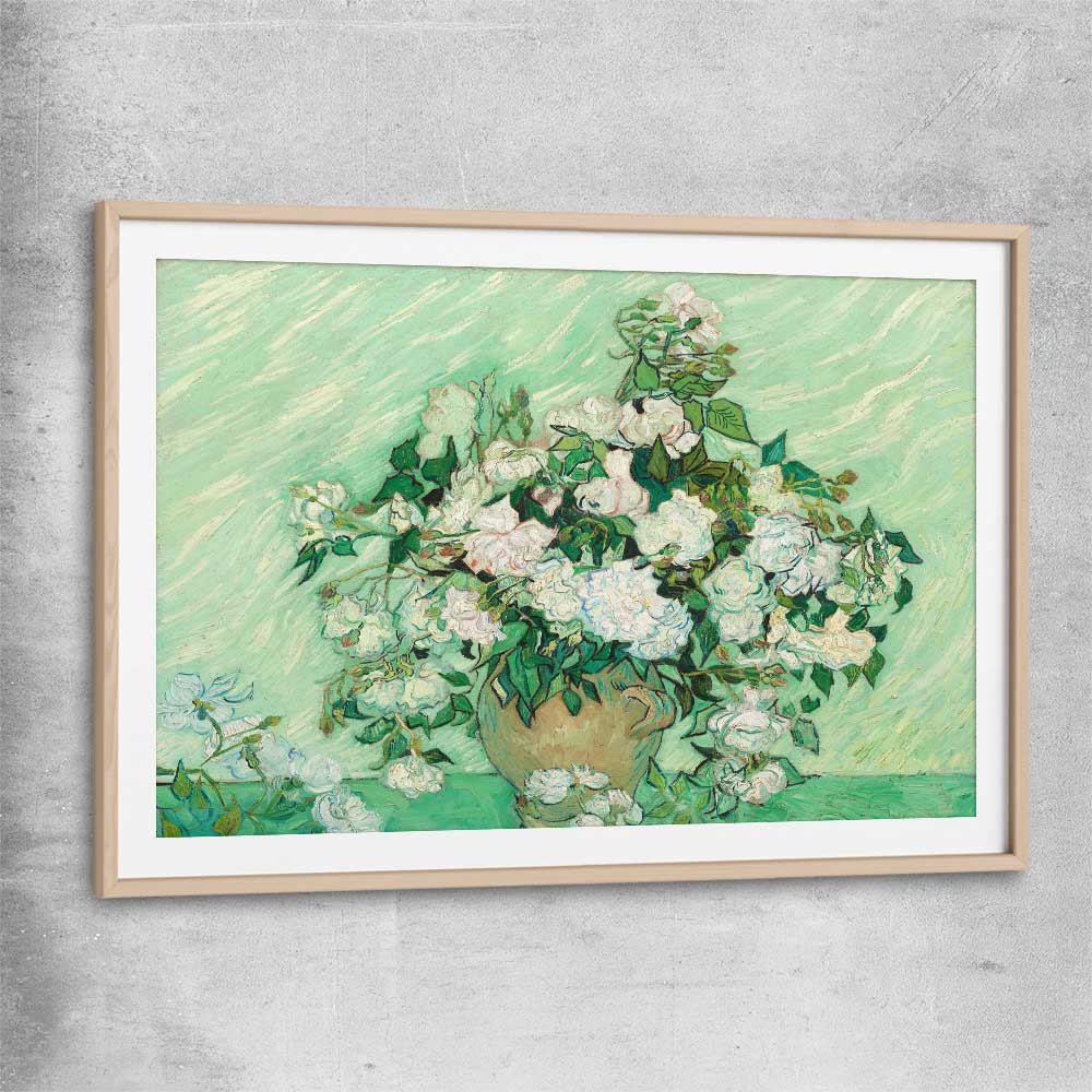 Classic wall art and canvas print of Roses Van Gogh with raw oak glass front frame