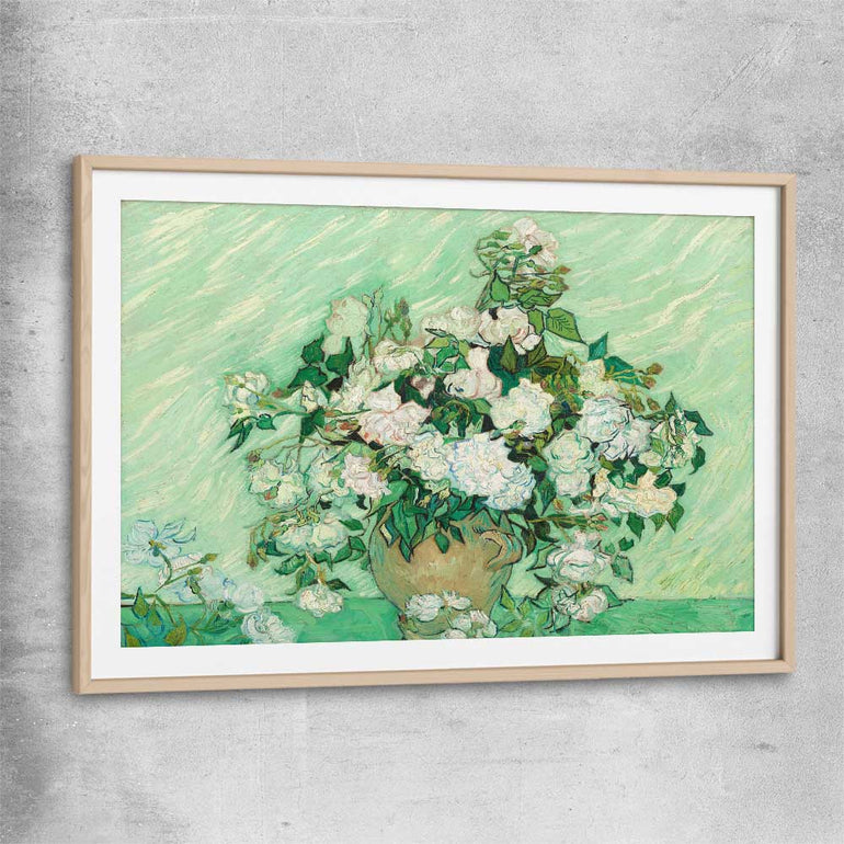 Classic wall art and canvas print of Roses Van Gogh with raw oak glass front frame
