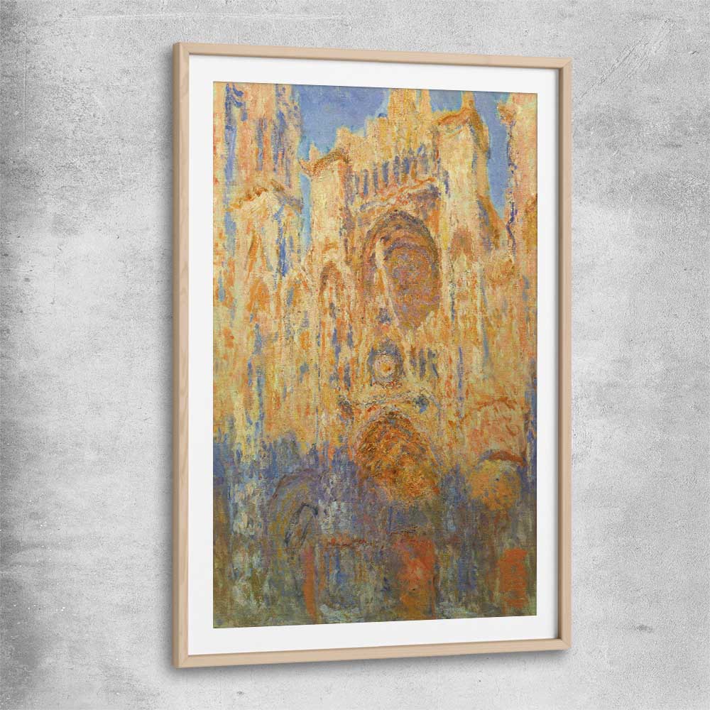 Classic wall art and canvas print of Rouen Cathedral Claude Monet with raw oak glass front frame