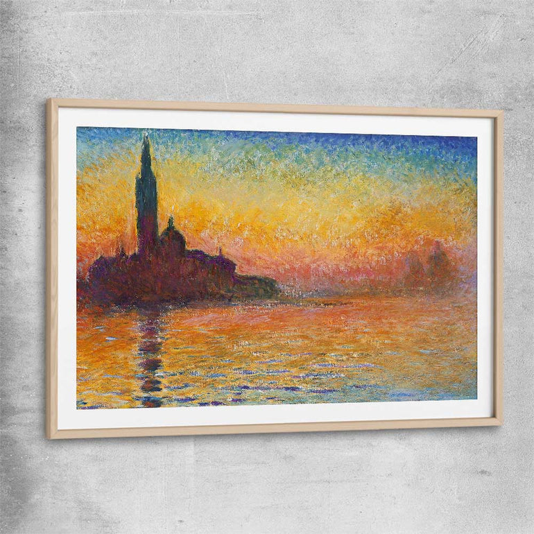 Classic wall art and canvas print of San Giorgio Claude Monet with raw oak glass front frame